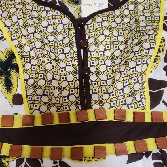 Aryeh Brown Yellow Floral Belted Summer Dress Sz L NWT - Picture 7 of 15